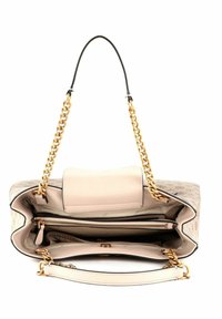 Sac à main en cuir beige avec une chaîne dorée, doté d'un intérieur ouvert, de multiples compartiments et d'une fermeture magnétique.