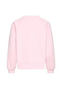 Sudadera rosa claro con cuello redondo, puños acanalados y un diseño relajado en la parte posterior con detalle fruncido en los extremos de las mangas.