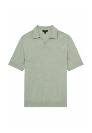 Polo shirt vert clair à manches courtes avec un col en V, un col plat et un tissu doux et texturé. Design simple et épuré sans motifs ni embellissements.