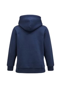 Marinblå sweatshirt med huva, tillverkad av mjukt bomullsblandat material, med en avslappnad passform och ribbade mudd och nederkant.