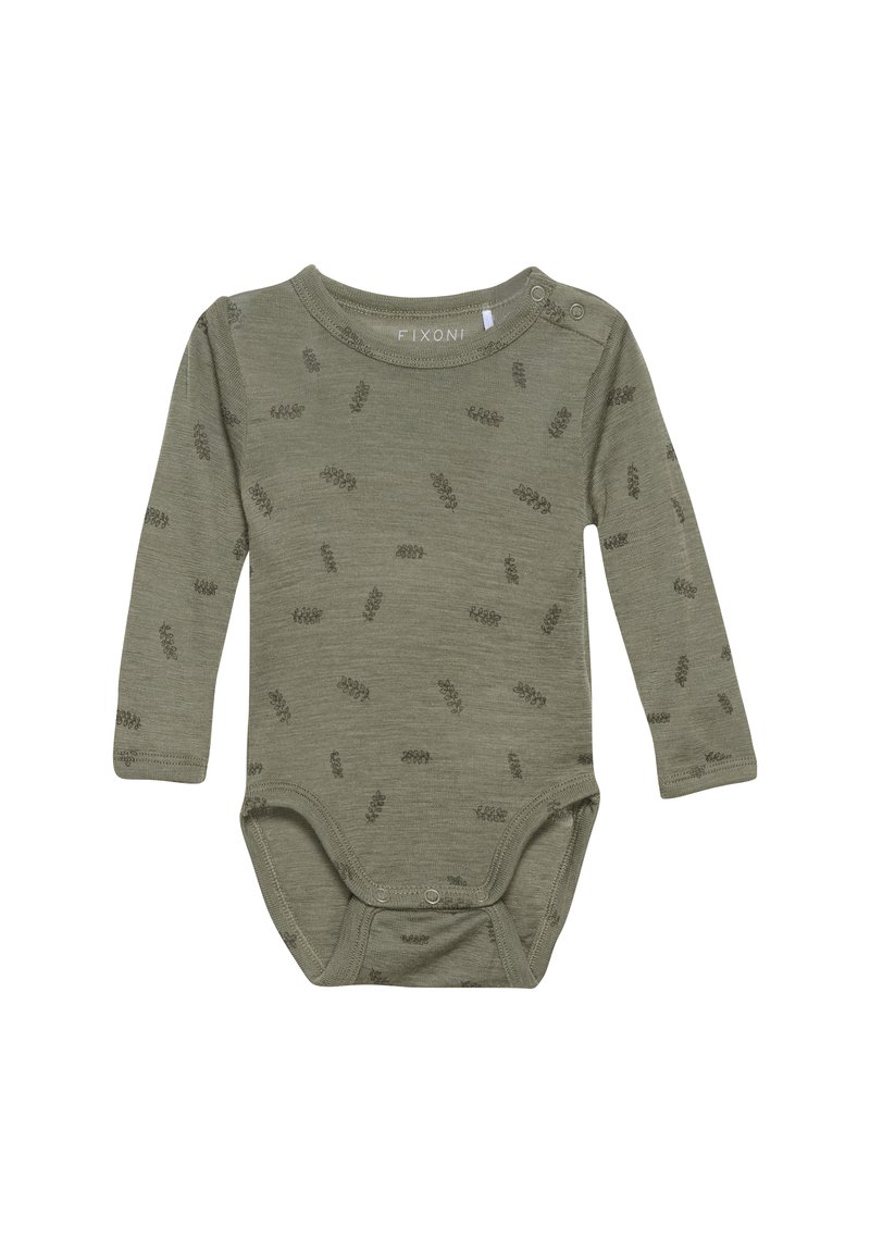 Olijfgroene bodysuit met lange mouwen, gemaakt van zachte stof, met een herhalend bladerenpatroon en drukknoopsluitingen bij de schouder en onderkant.