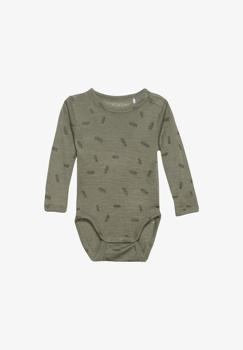 Langærmet olivengrønt bodysuit lavet af blødt stof, med et gentagende blade mønster og trykknapper ved skulderen og bunden.