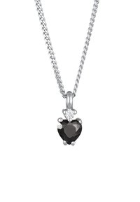Hjerteformet sort stenspænde med en sølvkæde, der har en lille klar stenaccent over hovedpendulet. Sølvfarvet finish.