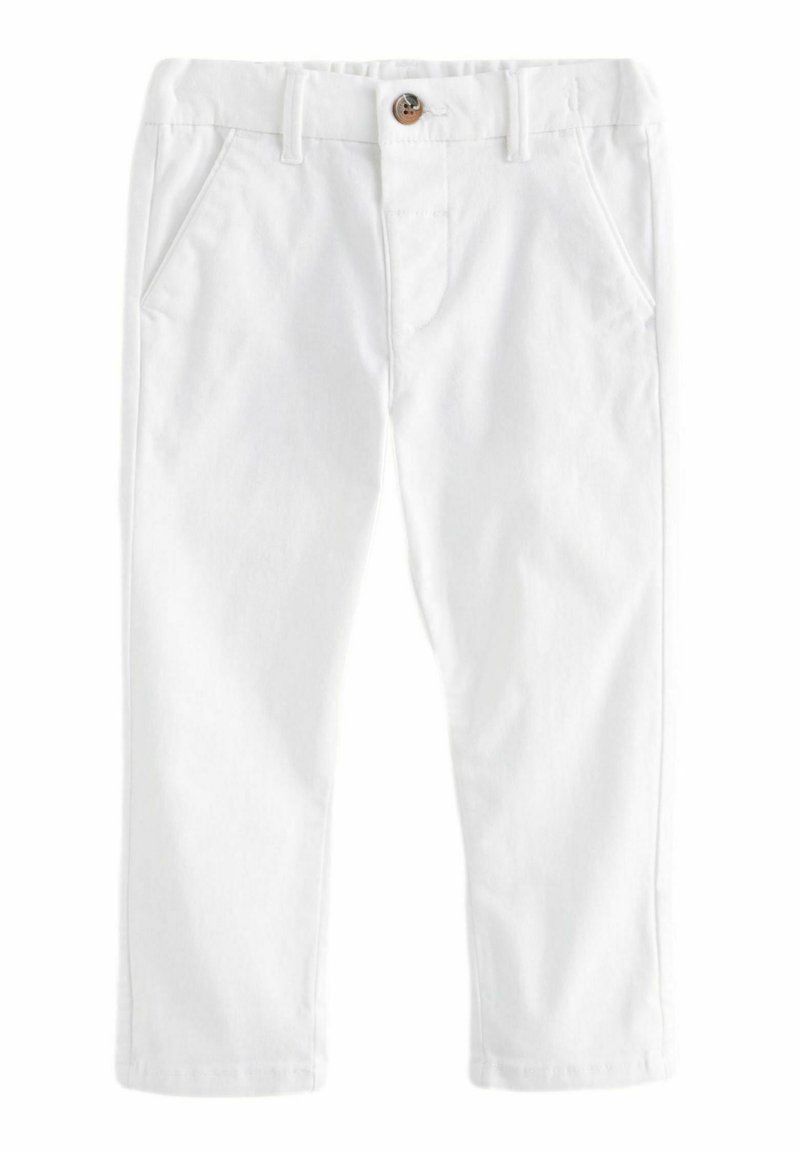 Weiße Baumwollhosen mit einem taillierten Design, ausgestattet mit Seitentaschen, einem Knopfverschluss und einer glatten Textur. Die Länge reicht bis unter die Waden.