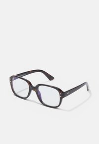 Ochelari dreptunghiulari din scoica de broască țestoasă cu lentile clare, având rame voluminoase, accente aurii și un design elegant.