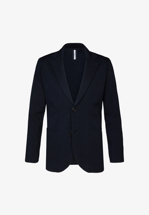 Blazer bleu marine pour homme avec deux boutons sur le devant, revers crantés, manches longues, et deux poches plaquées basses à l'avant.