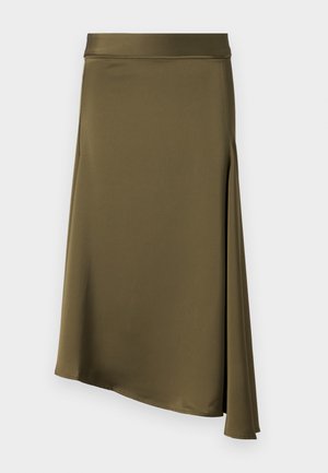 Olive green skirt made of smooth, lightweight fabric; features an asymmetrical hemline and a side slit for movement and style.