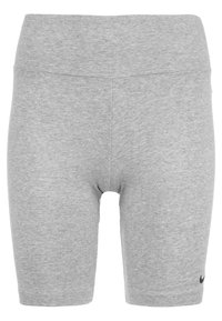 Gray cotton blend bike shorts with a smooth texture, high waistband, and a small black logo on the lower right side.