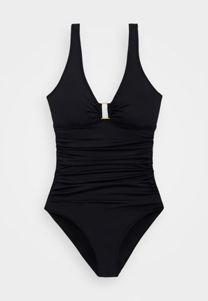 Black one-piece swimsuit featuring a v-neckline, ruched front, and a rectangular gold accent at the chest. Sleek, smooth fabric.