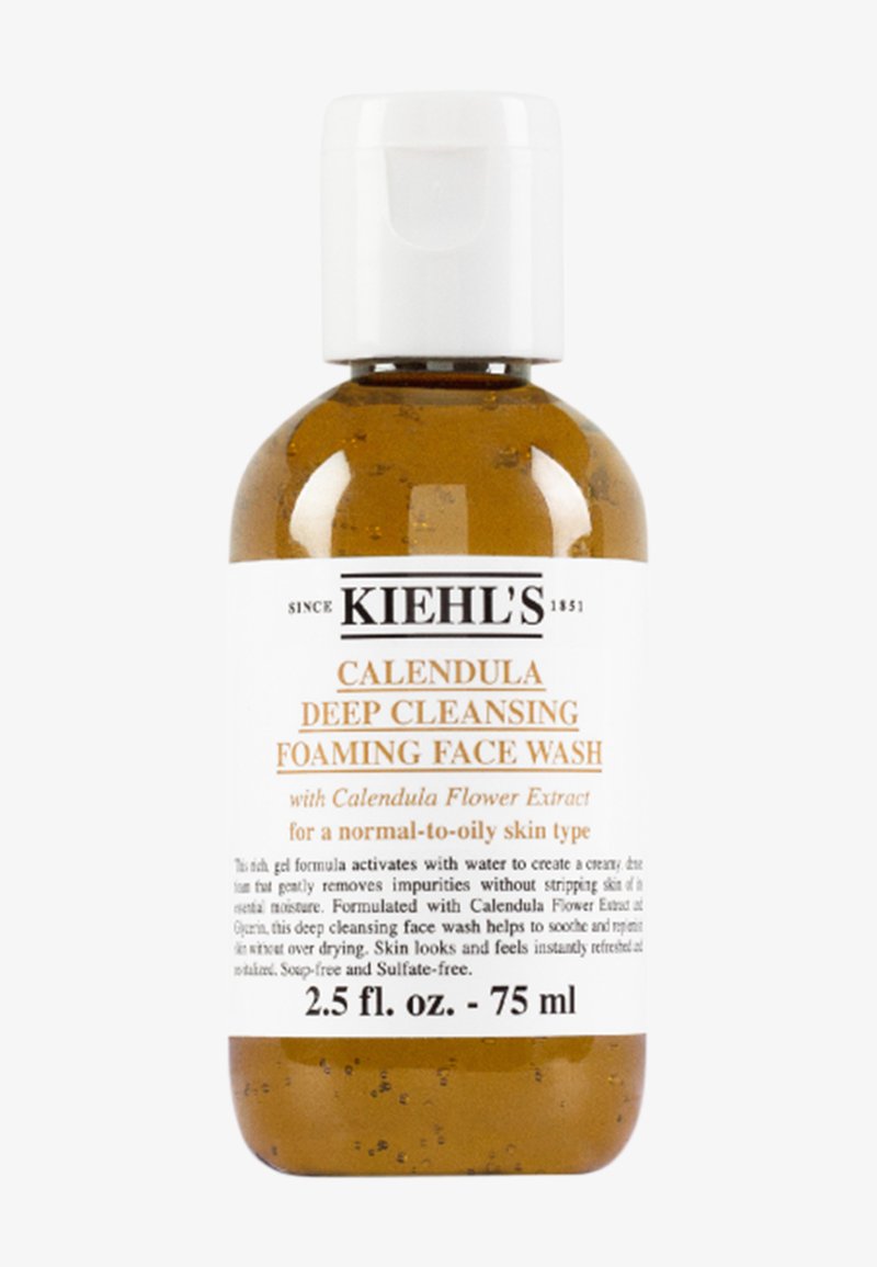 Kiehl's Calendula Deep Cleansing Foaming Face Wash bottle with white cap, for normal-to-oily skin, 75 ml, amber gel with flower extract.
