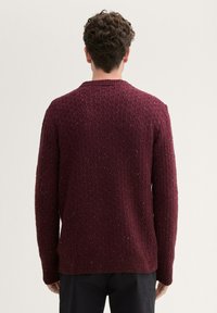 Burgunderfarbener Strickpullover mit einem strukturierten Muster, gerippten Bündchen und Saum sowie subtilen Farbsprenkeln in hellen Tönen. Rückansicht dargestellt.