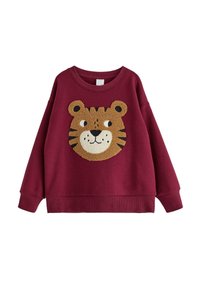 Felpa bordeaux per bambini con un design testurizzato di una faccia di tigre sorridente sul davanti e polsini e orlo a costine.