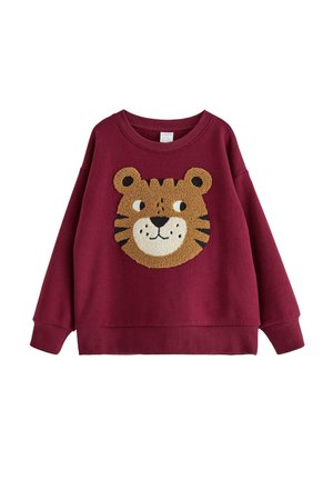 Kindersweatshirt in Bordeauxrot mit einem strukturierten, lächelnden Tigerkopfdesign auf der Vorderseite sowie gerippten Bündchen und Saum.