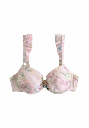 Bloemenprint beha met voorgevormde cups, zachtroze stof, ruches op de schouderbanden en gouden hardware accenten. Bevat een centrale knoopdetail aan de voorkant.