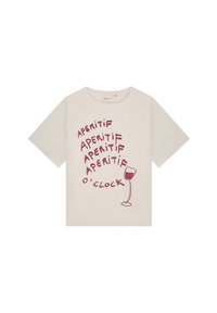 Witte katoenen T-shirt met korte mouwen met een bordeauxrode grafiek van de tekst "APERITIF" en een illustratie van een wijnglas.