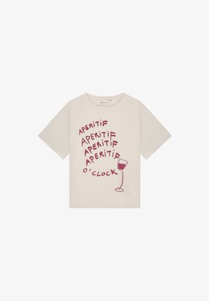 Witte katoenen T-shirt met korte mouwen met een bordeauxrode grafiek van de tekst "APERITIF" en een illustratie van een wijnglas.