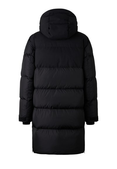 Schwarze Pufferjacke mit Kapuze, mit einem gesteppten Design, langen Ärmeln und elastischen Bündchen. Das Material wirkt glatt und isoliert.