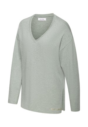 Gai zaļš, ar garām piedurknēm, V veida kakla izgriezumu džemperis ar teksturētuadījumu, sānu šķeltnēm un nelielu LASCANA etiķeti apakšā. Mīksts, ikdienišķs dizains.