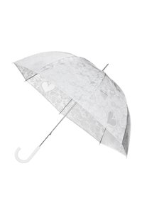 Ombrello in pizzo bianco con motivi a cuore, manico curvo bianco, stecche in metallo argentato e una copertura semitrasparente.