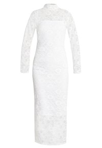 Weißes Spitzenkleid mit langen Ärmeln, hohem Kragen und figurbetonter Silhouette. Verfügt über florale Muster und ist bodenlang.