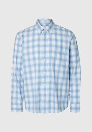 Světle modrá a bílá kostkovaná košile s dlouhým rukávem, přední kapsou a klasickým límečkem.