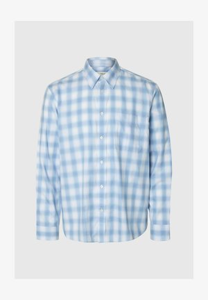 Svijetloplava i bijela košulja na kopčanje s dugim rukavima, prednjim džepom i klasičnim ovratnikom.