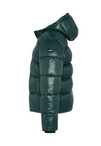 Chaqueta de plumas verde con un acabado brillante, que cuenta con una capucha, secciones acolchadas y un cierre de cremallera bidireccional en el lateral para ventilación.