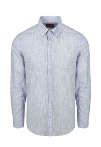 Lichtblauwe, langemouwen overhemd met knopen, voorzien van een gestructureerde weving en subtiel gestreept patroon, met een button-down kraag en regular fit.