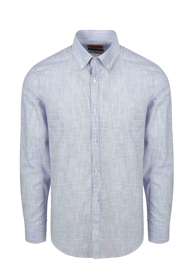 Lichtblauwe, langemouwen overhemd met knopen, voorzien van een gestructureerde weving en subtiel gestreept patroon, met een button-down kraag en regular fit.