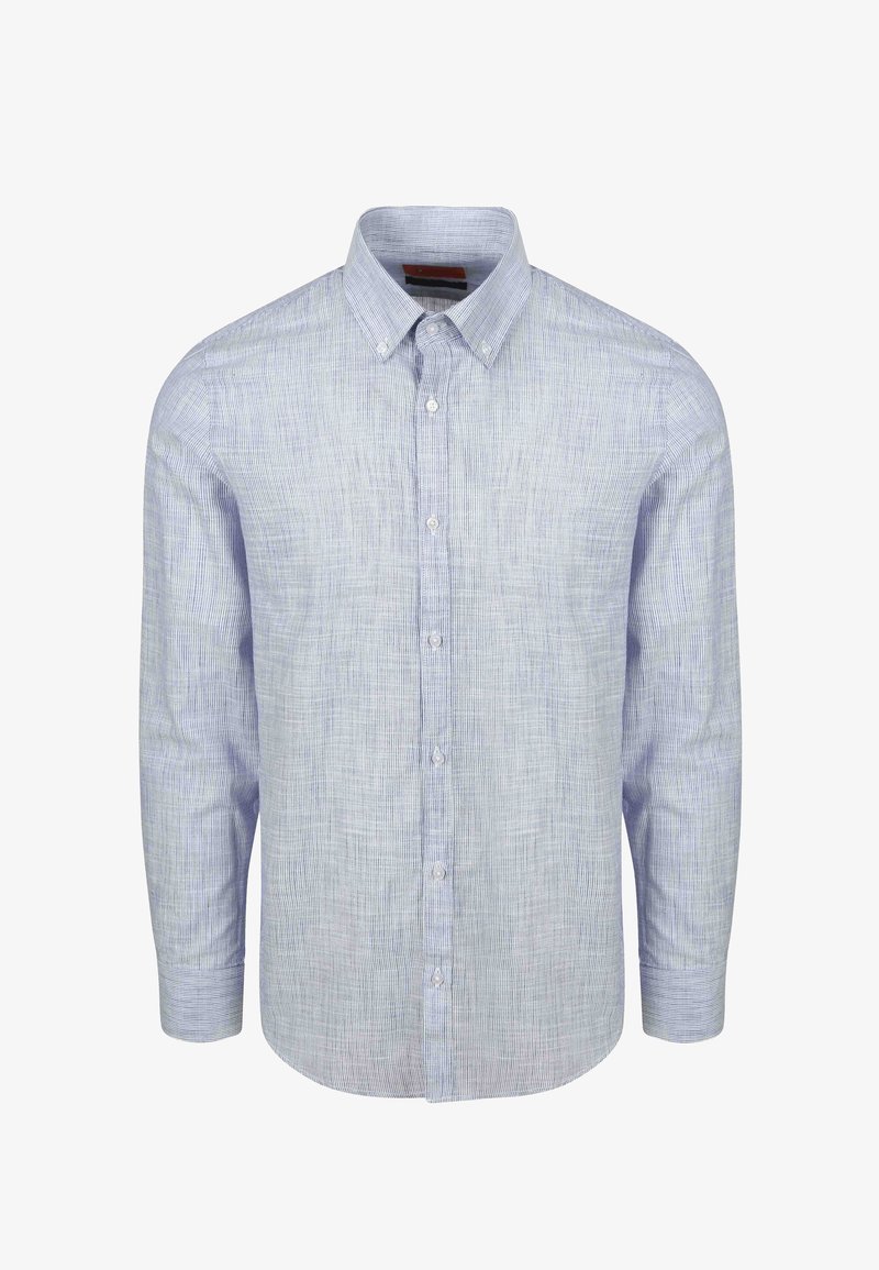 Lichtblauwe, langemouwen overhemd met knopen, voorzien van een gestructureerde weving en subtiel gestreept patroon, met een button-down kraag en regular fit.