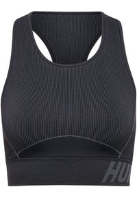 Schwarzer, gerippter Sport-BH mit Racerback-Design, der ein kontrastierendes Logo am Bund und eine glatte Textur hat.