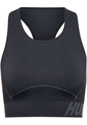 Zwarte geribbelde sportbh met een racerback-ontwerp, met een contrasterend logo op de band en een gladde textuur overal.