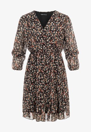 Zwarte bloemen wikkeljurk met lange doorschijnende mouwen, elastische taille en een patroon van kleine witte en roestkleurige bloemen.