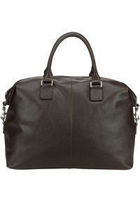 Sac de voyage en cuir marron avec une texture lisse, deux poignées, des accents en métal argenté et une ligne de couture subtile au centre.