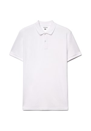 Biała koszulka polo z krótkim rękawem wykonana z bawełny, z kołnierzykiem, listwą na trzy guziki i prostym dołem. Rozmiar: XL.