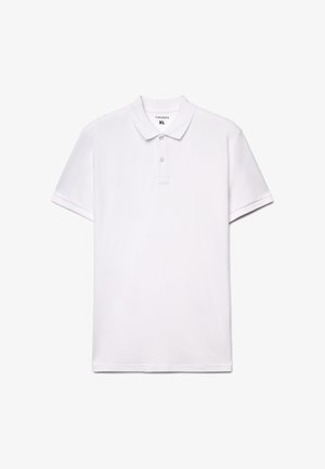 Biała koszulka polo z krótkim rękawem wykonana z bawełny, z kołnierzykiem, listwą na trzy guziki i prostym dołem. Rozmiar: XL.