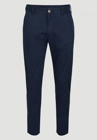 Granatowe męskie spodnie proste z guzikiem i zamkiem błyskawicznym, szlufkami na pasek oraz przednimi kieszeniami na jednolitym tle.