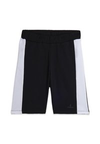 Pantalones cortos atléticos negros con paneles laterales en gris claro, cintura elástica y un logo en la parte inferior frontal. Tejido suave y elástico.