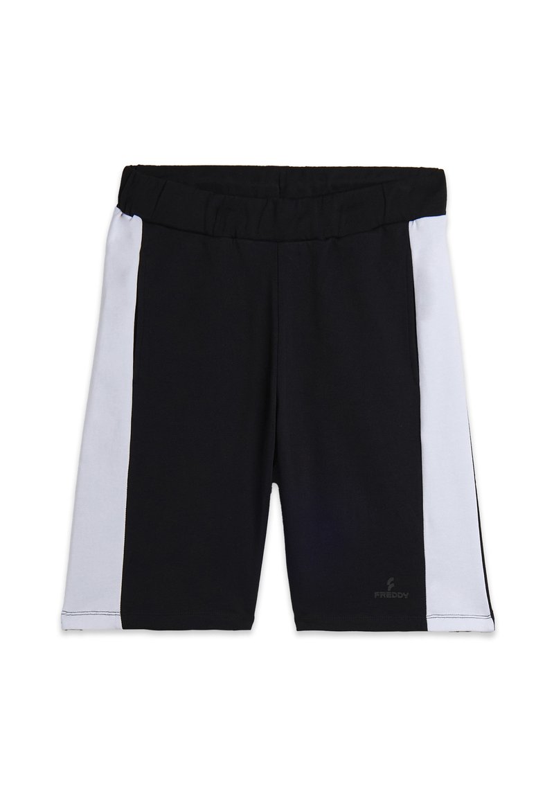 Pantalones cortos atléticos negros con paneles laterales en gris claro, cintura elástica y un logo en la parte inferior frontal. Tejido suave y elástico.