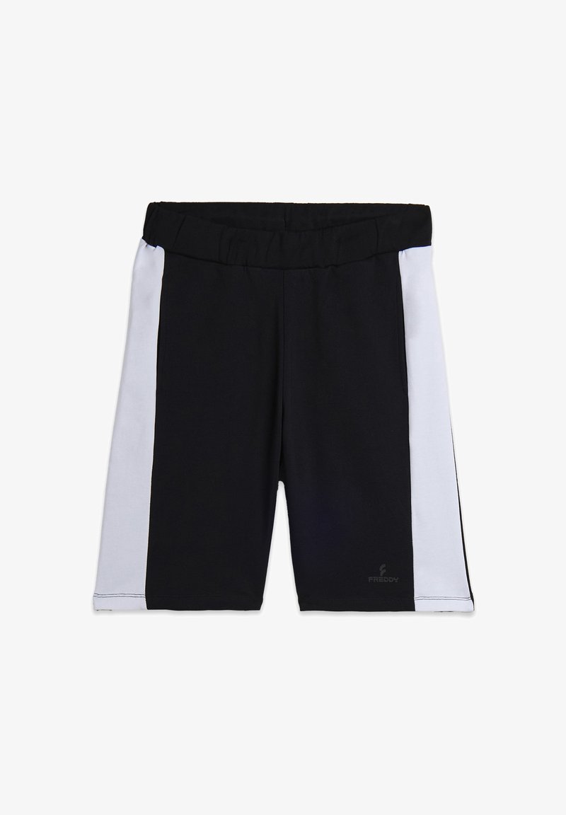 Pantalones cortos atléticos negros con paneles laterales en gris claro, cintura elástica y un logo en la parte inferior frontal. Tejido suave y elástico.