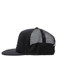 Černá snapback kšiltovka s pevnou přední částí, síťovanou zadní částí a plochým kšiltem. Obsahuje bílé logo na přední straně.