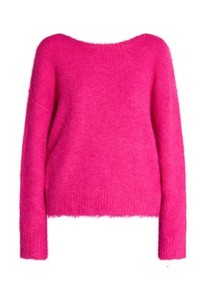 Fluffy roze trui met een brede halslijn en lange mouwen. Heeft een iets verkorte zoom en een zachte, harige textuur.