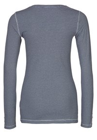 Granatowa i biała, w paski, longsleeve z okrągłym dekoltem, dopasowany, z widocznymi szwami wzdłuż szwów. Guzikowy detal przy mankietach.