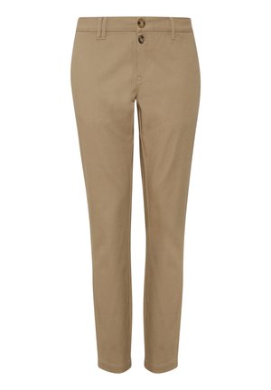 Pantalon en coton beige avec une coupe slim, doté de deux boutons à l'avant, de passants de ceinture et d'une texture lisse. Design simple sans motifs visibles.