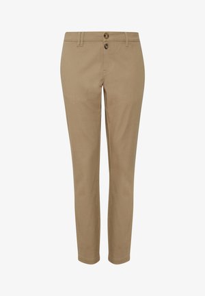 Beige cotton pants with a slim fit, featuring two front buttons, belt loops, and a smooth texture. Simple design with no visible patterns.