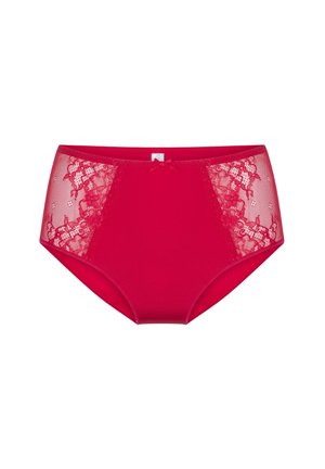 Røde højtaljede trusser med blonder på siden, glat stof og en lille sløjfedetalje i midten foran.