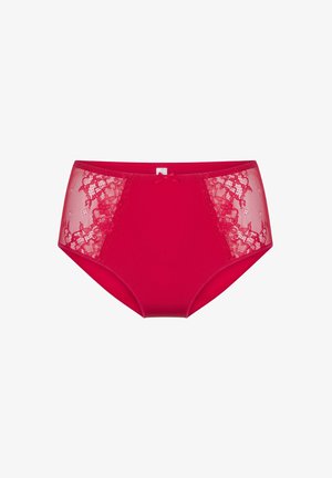 Červené nohavičky s vysokým pásom, ktoré majú čipkované bočné panely, hladký materiál a malú mašličku v prednej časti.