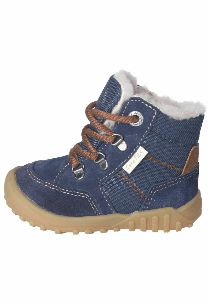 Botín de tobillo de ante azul y tejido con cordones marrones, forro de tela polar, suela de goma y detalle de logo. Presenta costuras y texturas contrastantes.