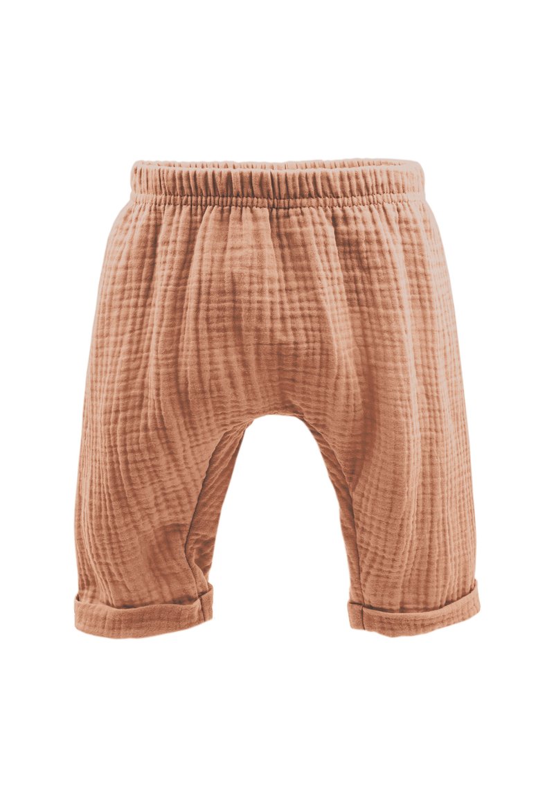 Braune Musselin-Hosen mit strukturiertem Finish, ausgestattet mit einem elastischen Bund und umgekrempelten Bündchen, entworfen mit einer lockeren, entspannten Passform.