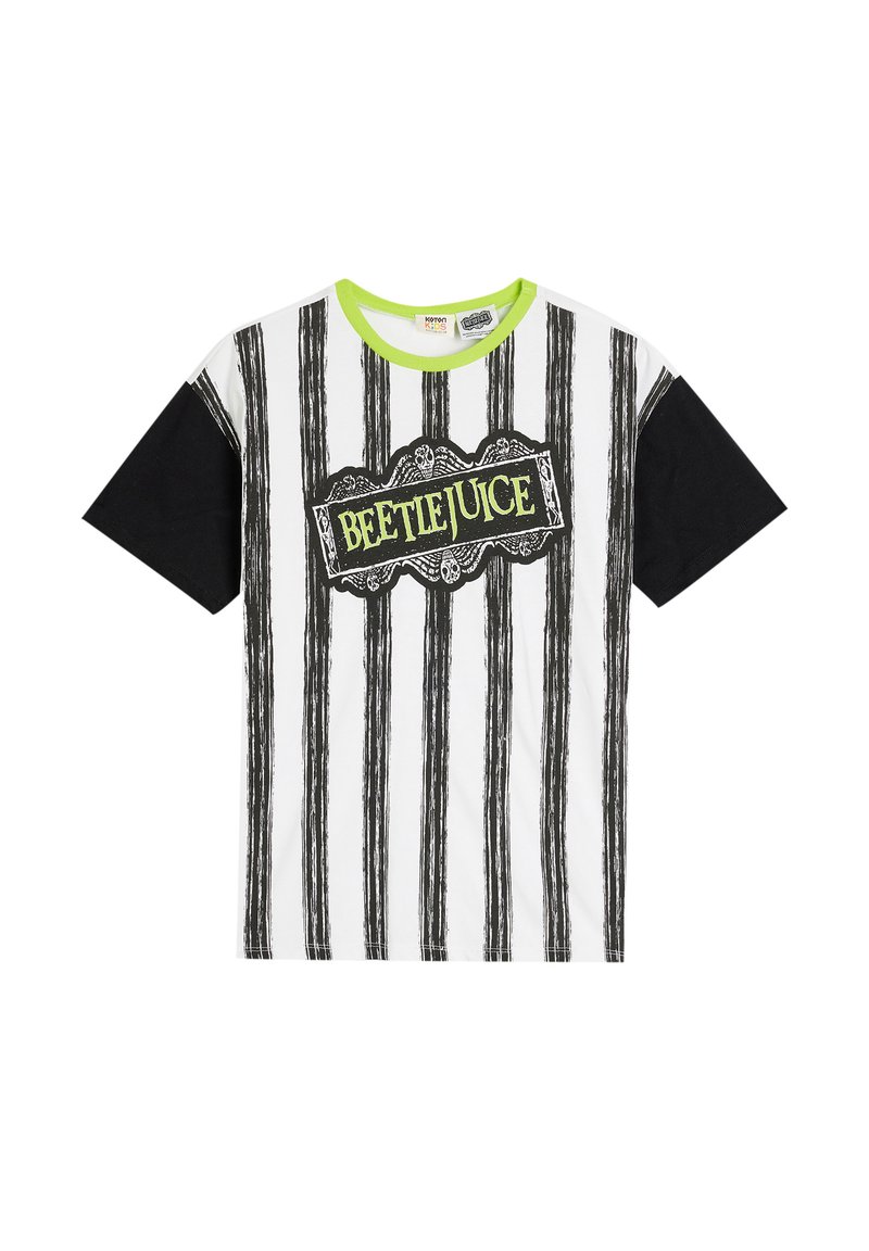 Kortärmad t-shirt med svarta ränder på vitt tyg, svarta ärmar och en grön krage. "BEETLEJUICE" tryck i svart och gult.